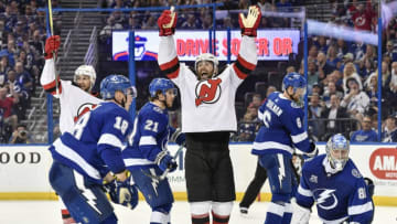 TAMPA, FL - APRIL 21: New Jersey Devils left wing Patrick Maroon (17) celebrates his goal that brings the Devils within one goal with three minutes remaining during the third period of an NHL Stanley Cup Eastern Conference Playoffs between the New Jersey Devils and the Tampa Bay Lightning on April 21, 2018, at Amalie Arena in Tampa, FL. The Lightning defeated the Devils 3-1 to win the first round series 4-1. (Photo by Roy K. Miller/Icon Sportswire via Getty Images)