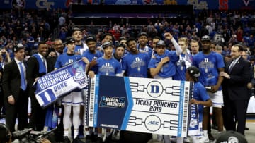 CHARLOTTE, NORTH CAROLINA - MARCH 16: The Duke Blue Devils pose with the ACC Championship trophy after defeating the Florida State Seminoles 73-63 in the championship game of the 2019 Men's ACC Basketball Tournament at Spectrum Center on March 16, 2019 in Charlotte, North Carolina. (Photo by Streeter Lecka/Getty Images)