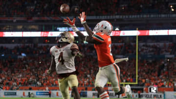 MIAMI GARDENS, FL - OCTOBER 08: Stacy Coley #3 of the Miami Hurricanes catches a touchdown over Tarvarus McFadden #4 of the Florida State Seminoles during a game at Hard Rock Stadium on October 8, 2016 in Miami Gardens, Florida. (Photo by Mike Ehrmann/Getty Images)