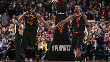 CLEVELAND, OH - APRIL 29: Tristan Thompson #13 and JR Smith #5 of the Cleveland Cavaliers exchange high fives in Game Seven of Round One of the 2018 NBA Playoffs against the Indiana Pacers on April 29, 2018 at Quicken Loans Arena in Cleveland, Ohio. NOTE TO USER: User expressly acknowledges and agrees that, by downloading and or using this Photograph, user is consenting to the terms and conditions of the Getty Images License Agreement. Mandatory Copyright Notice: Copyright 2018 NBAE (Photo by Nathaniel S. Butler/NBAE via Getty Images)