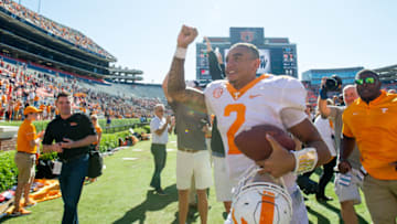 AUBURN, AL - OCTOBER 13: Quarterback Jarrett Guarantano #2 of the Tennessee Volunteers celebrates after defeating the Auburn Tigers at Jordan-Hare Stadium on October 13, 2018 in Auburn, Alabama. (Photo by Michael Chang/Getty Images)