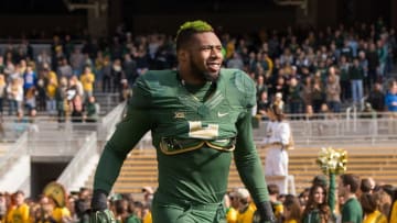 Dec 5, 2015; Waco, TX, USA; Baylor Bears defensive end Shawn Oakman (2) is introduced before the game against the Texas Longhorns at McLane Stadium. The Longhorns defeat the Bears 23-17. Mandatory Credit: Jerome Miron-USA TODAY Sports