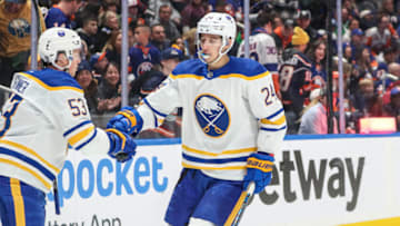 Mar 25, 2023; Elmont, New York, USA; Buffalo Sabres left wing Jeff Skinner (53) is greeted by center Dylan Cozens (24) after scoring a goal in the third period against the New York Islanders at UBS Arena. Mandatory Credit: Wendell Cruz-USA TODAY Sports