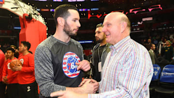 LOS ANGELES, CA - NOVEMBER 13: Austin Rivers #25 of the LA Clippers and Steve Balmer talk before the game against the Philadelphia 76ers on November 13, 2017 at STAPLES Center in Los Angeles, California. NOTE TO USER: User expressly acknowledges and agrees that, by downloading and/or using this Photograph, user is consenting to the terms and conditions of the Getty Images License Agreement. Mandatory Copyright Notice: Copyright 2017 NBAE (Photo by Andrew D. Bernstein/NBAE via Getty Images)