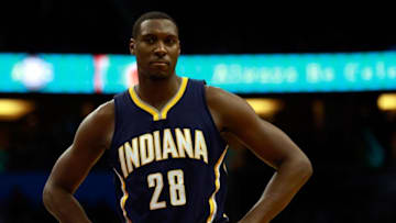 Jan 6, 2016; Orlando, FL, USA; Indiana Pacers center Ian Mahinmi (28) against the Orlando Magic during the second half at Amway Center. Indiana Pacers defeated the Orlando Magic 95-86. Mandatory Credit: Kim Klement-USA TODAY Sports
