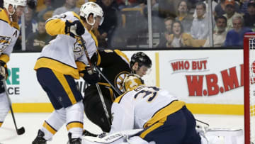 BOSTON, MA - OCTOBER 05: Nashville Predators goalie Pekka Rinne (35) does a split to prevent the chance from Boston Bruins left wing Jake DeBrusk (74) during an NHL game between the Boston Bruins and the Nashville Predators on October 5, 2017, at TD Garden in Boston, Massachusetts. The Bruins defeated the Predators 4-3. (Photo by Fred Kfoury III/Icon Sportswire via Getty Images)