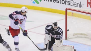 New Jersey Devils goaltender Mackenzie Blackwood (29) makes a save on a shot by Columbus Blue Jackets center Boone Jenner (38) during the third period at Prudential Center. Mandatory Credit: Ed Mulholland-USA TODAY Sports