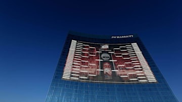 INDIANAPOLIS, IN - APRIL 01: A 165-foot tall NCAA Men's Basketball Tournament bracket is seen on the JW Marriott Indianapolis leading up to the 2015 Final Four at Lucas Oil Stadium on April 1, 2015 in Indianapolis, Indiana. The bracket is 44,000 square-feet. (Photo by Streeter Lecka/Getty Images)