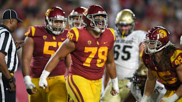LOS ANGELES, CA - OCTOBER 13: Defensive lineman Jay Tufele #78 of the USC Trojans celebrates in game agaisnt Colorado Buffaloes at Los Angeles Memorial Coliseum on October 13, 2018 in Los Angeles, California. (Photo by John McCoy/Getty Images)