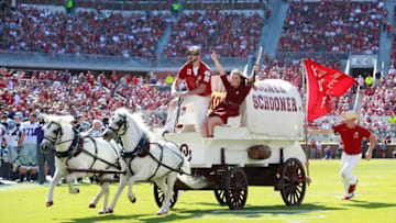 NORMAN, OK - OCTOBER 15: The Sooner Schooner takes the field after an Oklahoma Sooners touchdown against the Kansas State Wildcats October 15, 2016 at Gaylord Family-Oklahoma Memorial Stadium in Norman, Oklahoma. Oklahoma defeated Kansas State 38-17. (Photo by Brett Deering/Getty Images) *** local caption ***