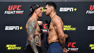 LAS VEGAS, NEVADA - AUGUST 28: (L-R) Opponents Anthony Smith and Aleksandar Rakic of Austria face off during the UFC Fight Night weigh-in at UFC APEX on August 28, 2020 in Las Vegas, Nevada. (Photo by Jeff Bottari/Zuffa LLC)