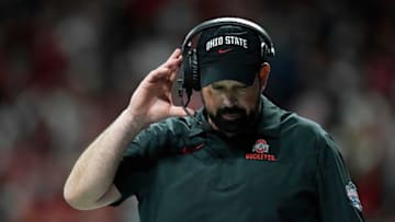Ohio State Buckeyes head coach Ryan Day checks on wide receiver Marvin Harrison Jr. (Adam Cairns-The Columbus Dispatch)