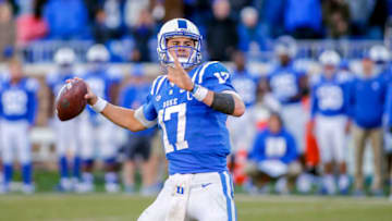 Nov 10, 2018; Durham, NC, USA; Duke Blue Devils quarterback Daniel Jones passes the football in the second half against the North Carolina Tar Heels at Wallace Wade Stadium. The Duke Blue Devils won 42-35. Mandatory Credit: Nell Redmond-USA TODAY Sports
