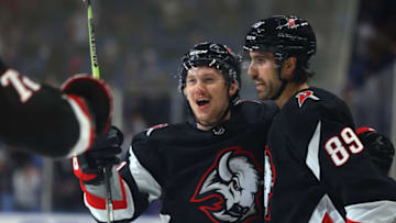 Dec 4, 2022; Buffalo, New York, USA; Buffalo Sabres left wing Jeff Skinner (53) celebrates his goal with right wing Alex Tuch (89) during the second period against the San Jose Sharks at KeyBank Center. Mandatory Credit: Timothy T. Ludwig-USA TODAY Sports