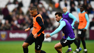 LONDON, ENGLAND - FEBRUARY 15: Winston Reid of West Ham United holds off Alvaro Arbeloa of West Ham United during a West Ham United family fun day at London Stadium on February 15, 2017 in London, England. (Photo by Dan Mullan/Getty Images)