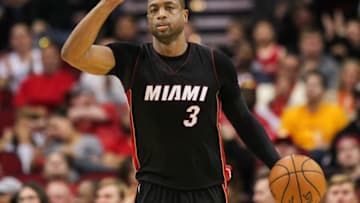 Feb 2, 2016; Houston, TX, USA; Miami Heat guard Dwyane Wade (3) dribbles the ball during the game against the Houston Rockets at Toyota Center. Mandatory Credit: Troy Taormina-USA TODAY Sports