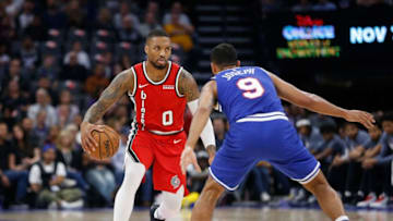 SACRAMENTO, CALIFORNIA - NOVEMBER 12: Damian Lillard #0 of the Portland Trail Blazers dribbles the ball in the first half against the Sacramento Kings at Golden 1 Center on November 12, 2019 in Sacramento, California. (Photo by Lachlan Cunningham/Getty Images)