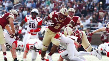 CHESTNUT HILL, MASSACHUSETTS - SEPTEMBER 07: AJ Dillon #2 of the Boston College Eagles rushes for a touchdown during the first half against the Richmond Spiders at Alumni Stadium on September 07, 2019 in Chestnut Hill, Massachusetts. (Photo by Tim Bradbury/Getty Images)