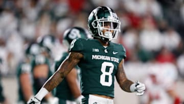 Sep 25, 2021; East Lansing, Michigan, USA; Michigan State Spartans wide receiver Jalen Nailor (8) lines up before a play during the third quarter against the Nebraska Cornhuskers at Spartan Stadium. Mandatory Credit: Raj Mehta-USA TODAY Sports