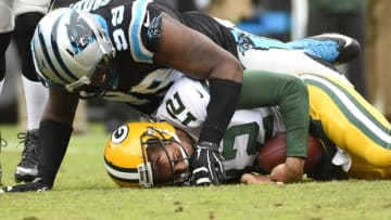 Nov 8, 2015; Charlotte, NC, USA; Carolina Panthers defensive tackle Kawann Short (99) sacks Green Bay Packers quarterback Aaron Rodgers (12) in the second quarter at Bank of America Stadium. Mandatory Credit: Bob Donnan-USA TODAY Sports