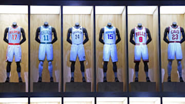 LOS ANGELES, CA - SEPTEMBER 15: A shot of the Atlanta Hawks, Boston Celtics, Brooklyn Nets, Charlotte Hornets, Chicago Bulls and Cleveland Cavaliers new uniforms during the Nike Innovation Summit in Los Angeles, California on September 15, 2017. NOTE TO USER: User expressly acknowledges and agrees that, by downloading and or using this photograph, User is consenting to the terms and conditions of the Getty Images License Agreement. Mandatory Copyright Notice: Copyright 2017 NBAE (Photo by Andrew D. Bernstein/NBAE via Getty Images)