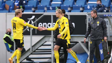 Erling Haaland replaces Julian Brandt during the Bundesliga match between TSG Hoffenheim and Borussia Dortmund. (Photo by Alex Grimm/Getty Images)