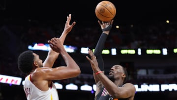 Bam Adebayo #13 of the Miami Heat shoots over Evan Mobley #4 of the Cleveland Cavaliers(Photo by Michael Reaves/Getty Images)
