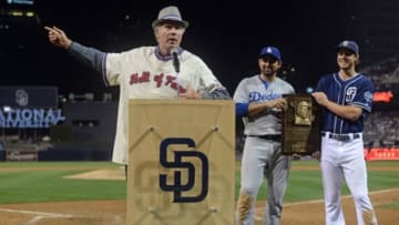 Sep 5, 2015; San Diego, CA, USA; Movie comedian Will Ferrell speaks after the game as San Diego Padres first baseman Wil Myers (right) and Los Angeles Dodgers first baseman Adrian Gonzalez (one from right) look on at Petco Park. Mandatory Credit: Jake Roth-USA TODAY Sports