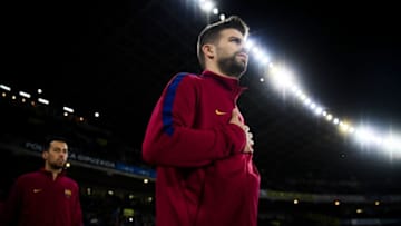 SAN SEBASTIAN, SPAIN - JANUARY 14: Gerard Pique of FC Barcelona walks onto the pitch priot to the La Liga match between Real Sociedad and FC Barcelona at Anoeta stadium on January 14, 2018 in San Sebastian, Spain. (Photo by David Ramos/Getty Images)