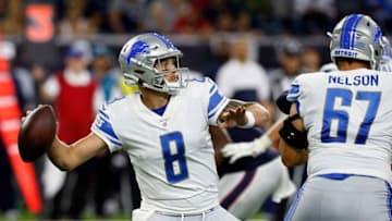 HOUSTON, TEXAS - AUGUST 17: David Fales #8 of the Detroit Lions throws a pass in the fourth quarter against the Houston Texans in a preseason game at NRG Stadium on August 17, 2019 in Houston, Texas. (Photo by Bob Levey/Getty Images)