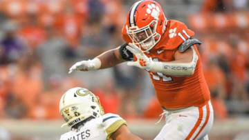 Clemson defensive lineman Bryan Bresee (11) pressures Georgia Tech freshman Jordan Yates (13) during the third quarter in Clemson, S.C., September 18, 2021.Ncaa Football Georgia Tech At Clemson