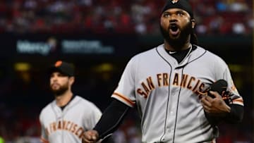 Jun 3, 2016; St. Louis, MO, USA; San Francisco Giants starting pitcher Johnny Cueto (47) celebrates after getting the final out of the third inning against the St. Louis Cardinals at Busch Stadium. Mandatory Credit: Jeff Curry-USA TODAY Sports