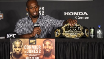 ANAHEIM, CA - JULY 29: Jon Jones speaks to the media during the UFC 214 post fight press conference inside the Honda Center on July 29, 2017 in Anaheim, California. (Photo by Jeff Bottari/Zuffa LLC/Zuffa LLC via Getty Images)