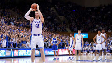 DURHAM, NORTH CAROLINA - NOVEMBER 15: Jack White #41 of the Duke Blue Devils takes a free throw during the second half during their game against the Georgia State Panthers at Cameron Indoor Stadium on November 15, 2019 in Durham, North Carolina. (Photo by Jacob Kupferman/Getty Images)