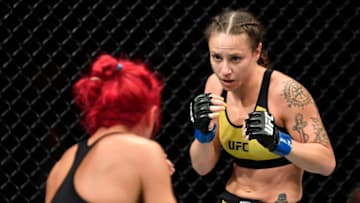 CALGARY, AB - JULY 28: (R-L) Nina Ansaroff battles Randa Markos of Iraq in their women's strawweight bout during the UFC Fight Night event at Scotiabank Saddledome on July 28, 2018 in Calgary, Alberta, Canada. (Photo by Jeff Bottari/Zuffa LLC/Zuffa LLC via Getty Images)