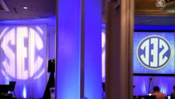 Jul 15, 2015; Birmingham, AL, USA; General view of the SEC logo reflected in a mirror during SEC media day at the Wynfrey Hotel. Mandatory Credit: Shanna Lockwood-USA TODAY Sports