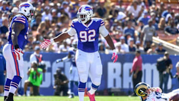 Oct 9, 2016; Los Angeles, CA, USA; Buffalo Bills defensive end Adolphus Washington (92) celebrates sacking Los Angeles Rams quarterback Case Keenum (17) during the 1st half at Los Angeles Memorial Coliseum. Mandatory Credit: Robert Hanashiro-USA TODAY Sports