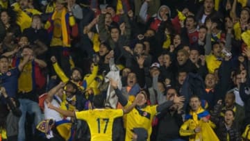 Nov 14, 2014; London, Great Britain; Colombia player Carlos Bacca celebrates after scoring a goal during the second half of the game between USA and Colombia at Craven Cottage Mandatory Credit: Steve Flynn-USA TODAY Sports