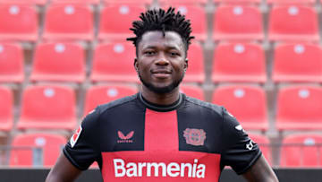 LEVERKUSEN, GERMANY - JULY 18: Edmond Tapsobaof Bayer Leverkusen poses during the team presentation at BayArena on July 18, 2023 in Leverkusen, Germany. (Photo by Christof Koepsel/Getty Images)
