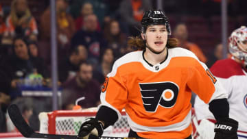 PHILADELPHIA, PA - MARCH 19: Philadelphia Flyers Center Nolan Patrick (19) looks on during the game between the Montreal Canadiens and the Philadelphia Flyers on March 19, 2019 at Wells Fargo Center in Philadelphia, PA.(Photo by Andy Lewis/Icon Sportswire via Getty Images)