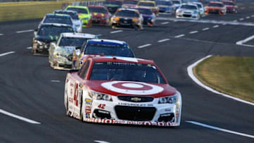 CHARLOTTE, NC - MAY 20: Kyle Larson, driver of the #42 Target Chevrolet, leads a pack of cars during the Monster Energy NASCAR All Star Race at Charlotte Motor Speedway on May 20, 2017 in Charlotte, North Carolina. (Photo by Brian Lawdermilk/Getty Images)