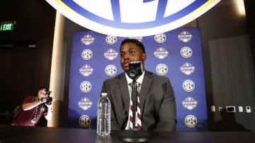 NASHVILLE, TENNESSEE - JULY 18: Jaden Crumedy #94 of the Mississippi State Bulldogs speaks during Day 2 of the 2023 SEC Media Days at Grand Hyatt Nashville on July 18, 2023 in Nashville, Tennessee. (Photo by Johnnie Izquierdo/Getty Images)