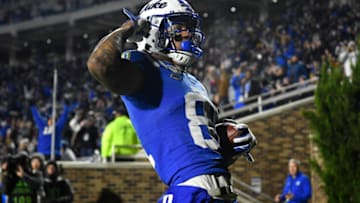 DURHAM, NORTH CAROLINA - NOVEMBER 09: Brittain Brown #8 of the Duke Blue Devils reacts after scoring a touchdown against the Notre Dame Fighting Irish during the second quarter of their game at Wallace Wade Stadium on November 09, 2019 in Durham, North Carolina. (Photo by Grant Halverson/Getty Images)