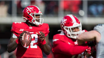 WASHINGTON, DC - FEBRUARY 15: Cardale Jones #12 of the DC Defenders looks to pass against the NY Guardians during the first half of the XFL game at Audi Field on February 15, 2020 in Washington, DC. (Photo by Scott Taetsch/Getty Images)