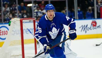 Apr 9, 2022; Toronto, Ontario, CAN; Toronto Maple Leafs forward Ilya Lyubushkin (46) skates against the Montreal Canadiens during the second period at Scotiabank Arena. Mandatory Credit: John E. Sokolowski-USA TODAY Sports