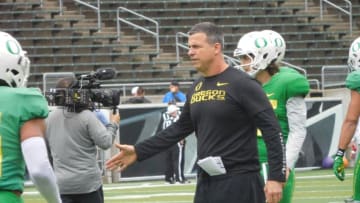 Oregon Football practices inside Autzen Stadium as Head Coach Mario Cristobal looks on.Justin Phillips/KPNW Sports