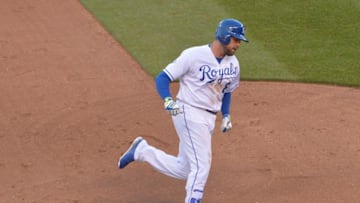 Apr 9, 2016; Kansas City, MO, USA; Kansas City Royals third baseman Mike Moustakas (8) rounds the bases after hitting a home run in the fourth inning against the Minnesota Twins at Kauffman Stadium. Mandatory Credit: Denny Medley-USA TODAY Sports