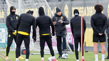 DORTMUND, GERMANY - FEBRUARY 12: (BILD ZEITUNG OUT) head coach Lucien Favre of Borussia Dortmund looks on during the Borussia Dortmund Training Session on February 12, 2020 in Dortmund, Germany. (Photo by Ale Gottschalk/Defodi Images via Getty Images)