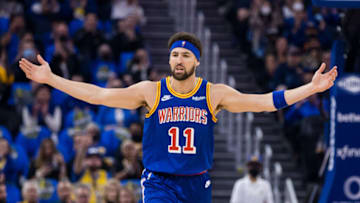 Apr 2, 2022; San Francisco, California, USA; Golden State Warriors guard Klay Thompson (11) reacts after scoring on a three-point shot against the Utah Jazz during the first half at Chase Center. Mandatory Credit: John Hefti-USA TODAY Sports