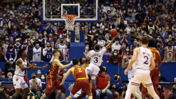 Dajuan Harris Jr. #3 of the Kansas Jayhawks hits a lay-up in the final seconds of the game to seal the win against the Iowa State Cyclones (Photo by Jamie Squire/Getty Images)
